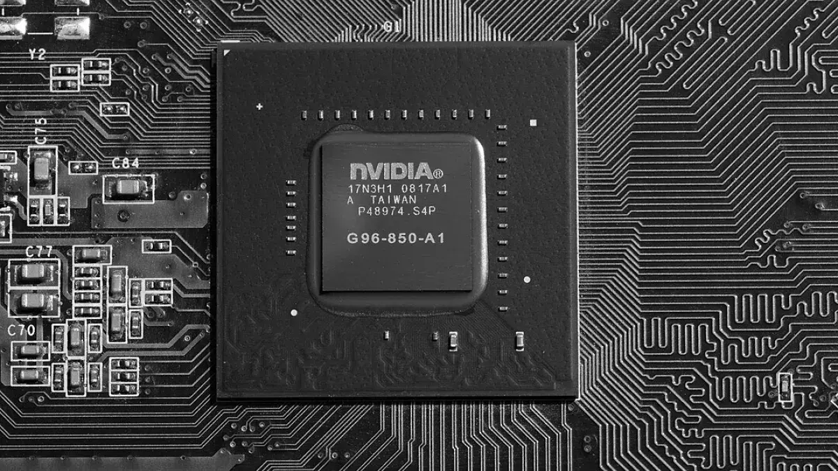 Close up black and white photograph of an NVIDA chip