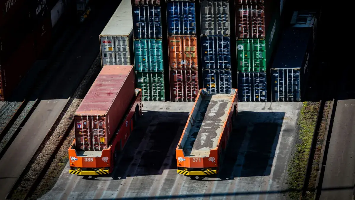 Automated guided carts at the port of Rotterdam transport large containers