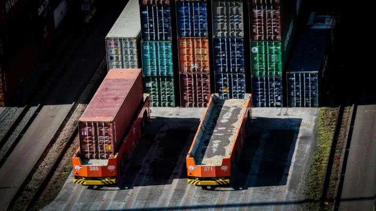 Automated guided carts at the port of Rotterdam transport large containers