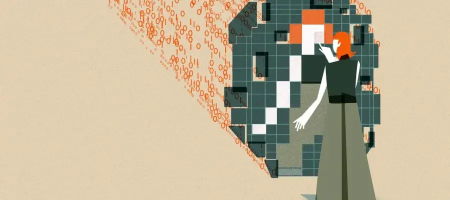 This image shows an individual with orange hair interacting with a large, abstract digital mirrored structure. The structure is composed of squares in varying shades of green, orange, white, and black which are pieced together to reflect the individual’s figure. The figure's hand is extended as if pointing to or interacting with the mirrored structure. Behind the  structure are streams of binary code (0s and 1s) in orange, flowing towards the digital grid.