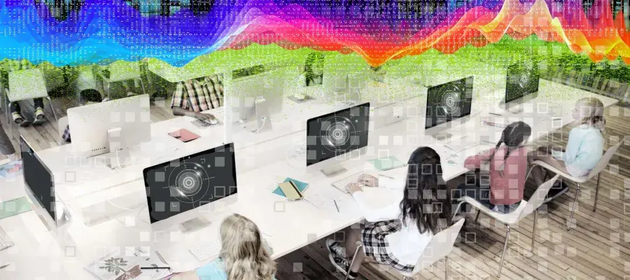 People sit at computers with retinal scanners on their screens.