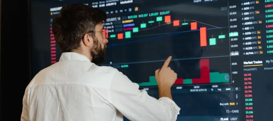 Person stands pointing at a screen with graphics and charts