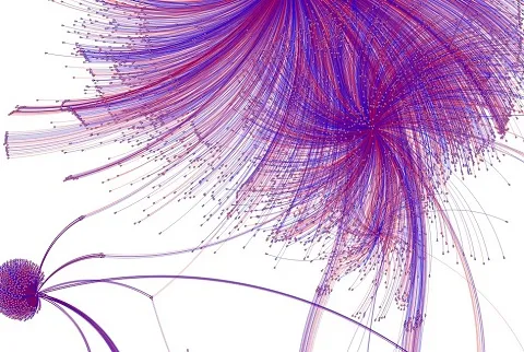 Illustration of vivid coloured lines of purple and red 