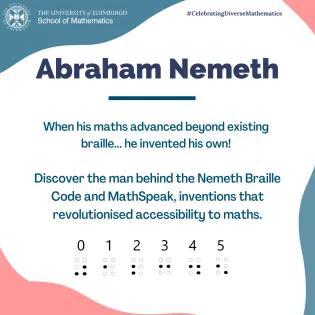 Graphic depicting image of number braille and summary of Abraham Nemeth bio